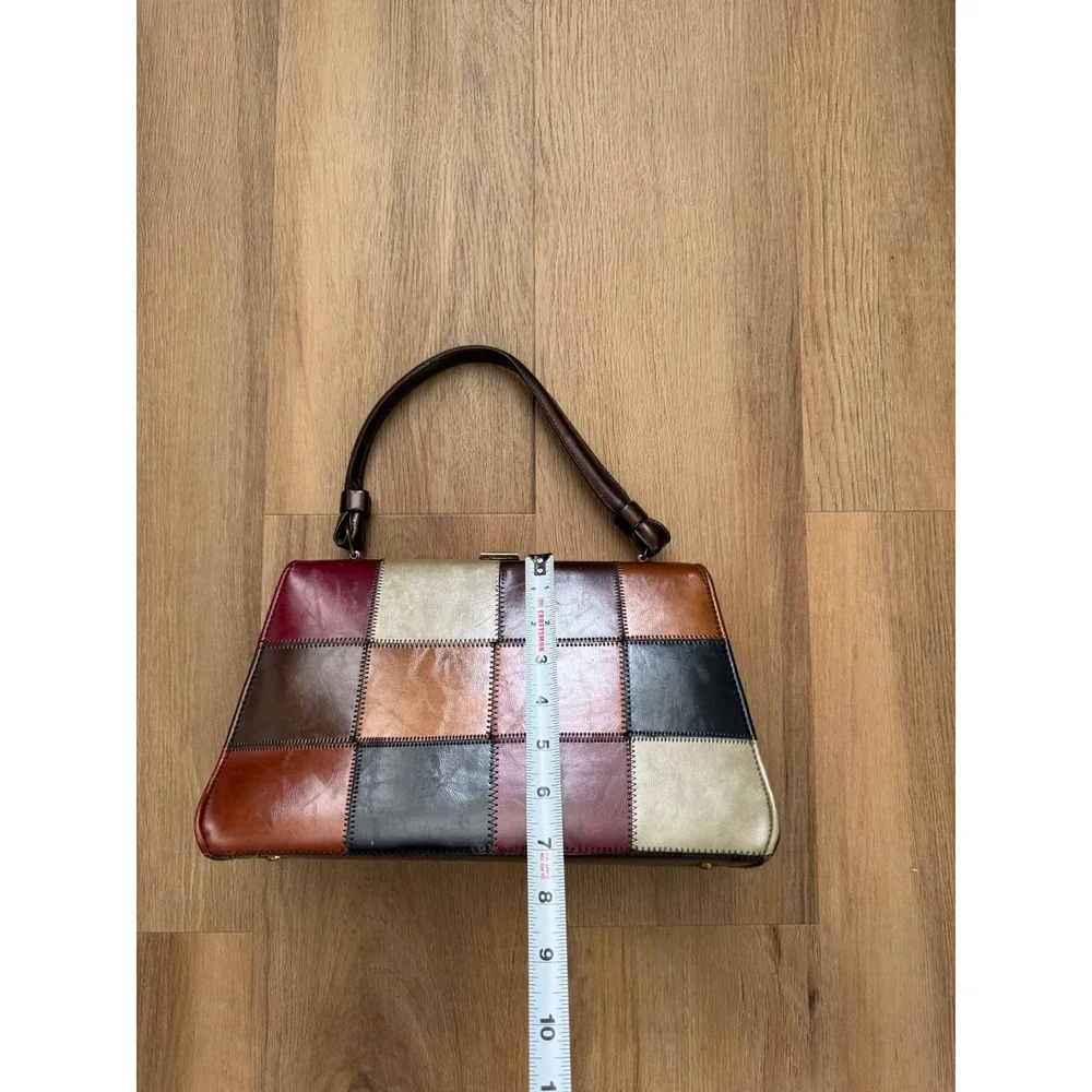 Vintage Leather Patchwork Handbag Multi Color Earth Tone Frame Satchel Bag